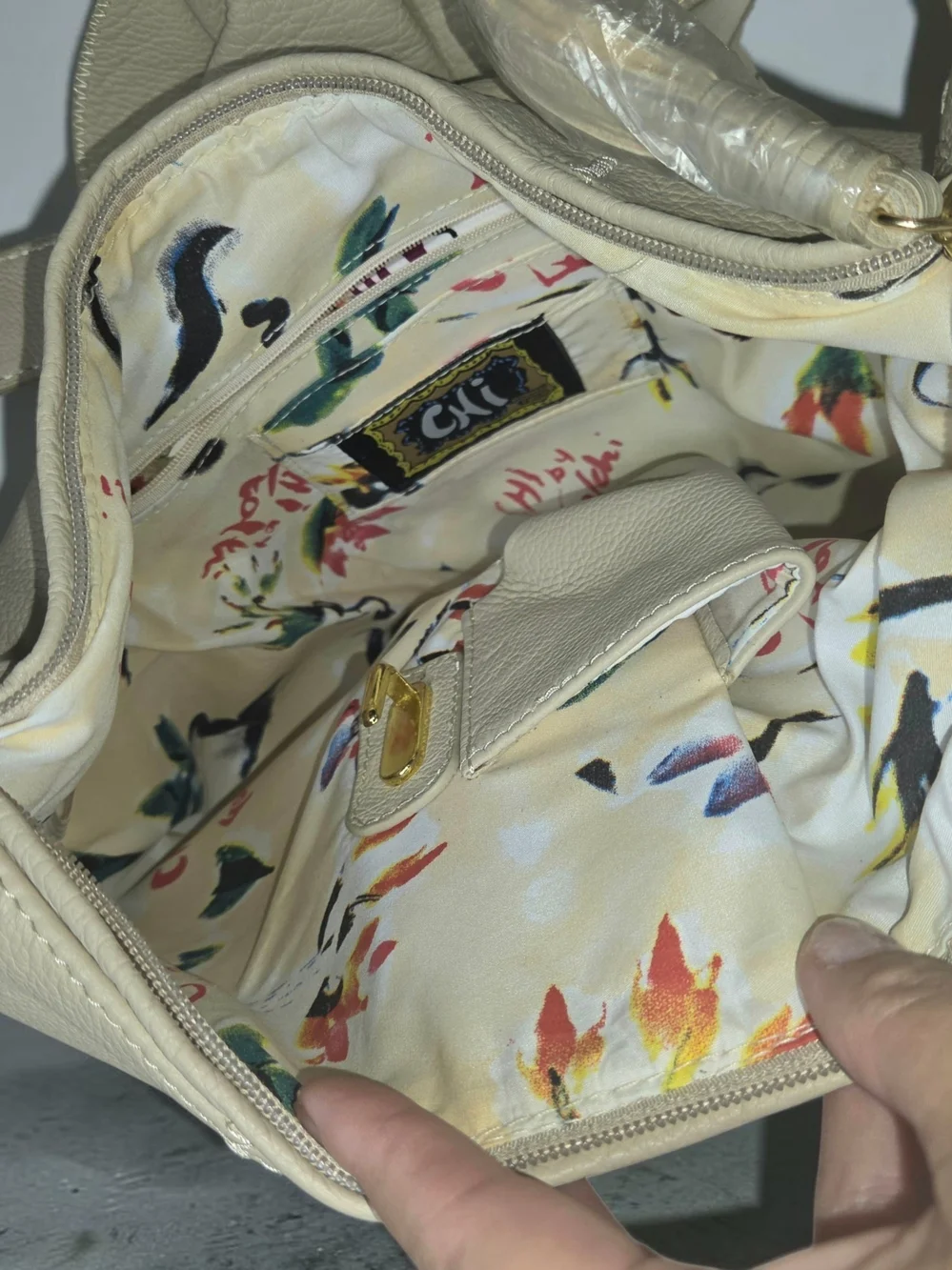 Cream Leather Hobo Bag with Snakeskin Detail and Gold Chain Strap